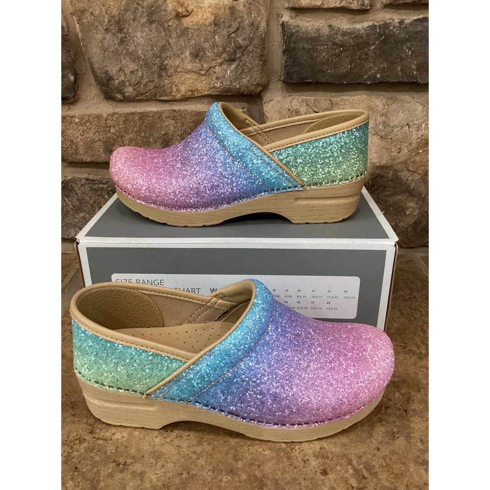 Dansko Pro Clog Pastel Rainbow Glitter Ombre Shoes Womens Size 39 8.5-9 New